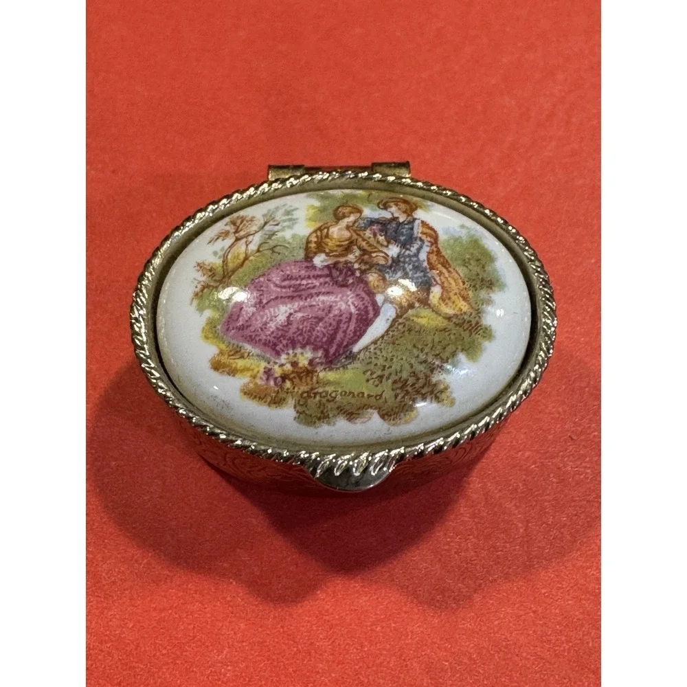 Vintage Fragonard Style Porcelain Trinket Box – Ornate Metal Lid